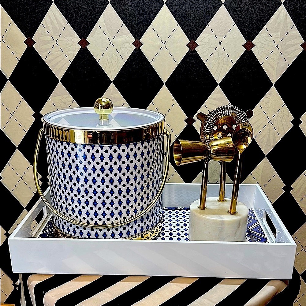 Blue & White Ice Bucket, Lid & Tray Set with Gold‎ Trim | Bar Cart Glam - Picture 10 of 14